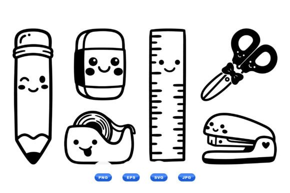 Kawaii School Supplies Clipart: Graphics & Illustrations